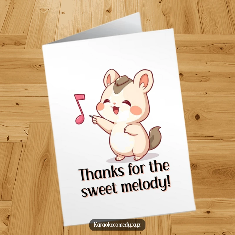 Funny Free Printable Thank You Card: A small animal joyfully points at a bouncing musical note, conveying thanks.