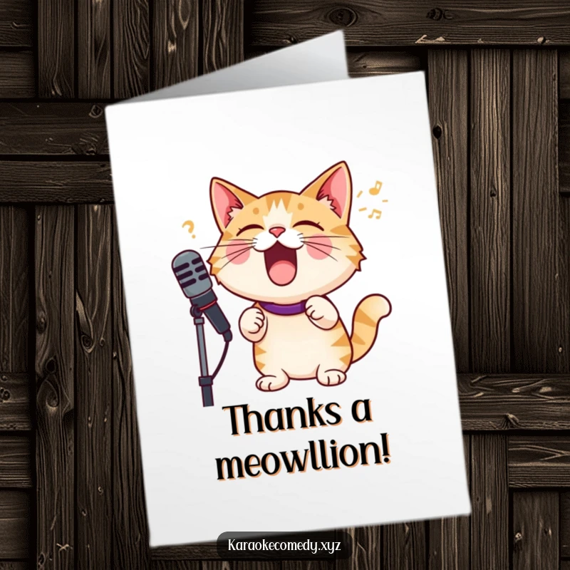 Funny Free Printable Thank You Card: A cat passionately singing into a microphone, conveying heartfelt thanks with musical flair.