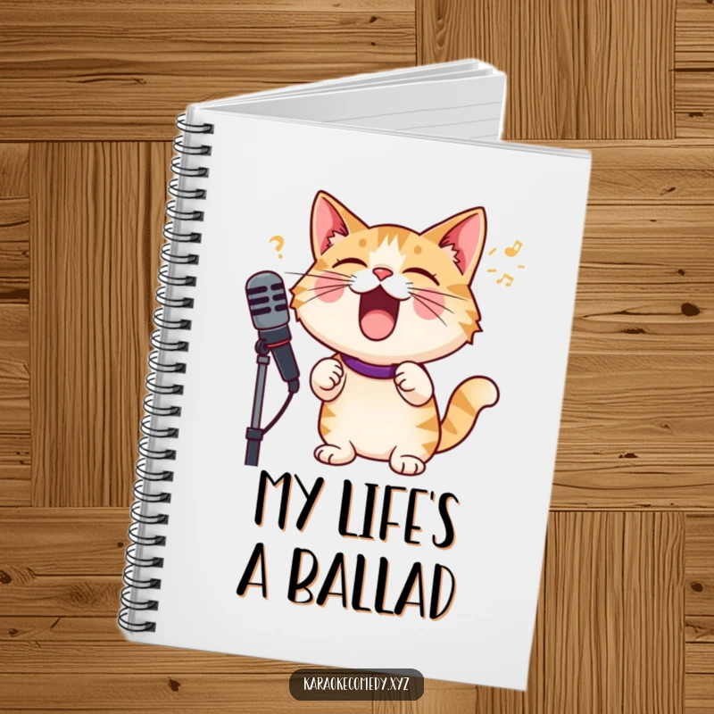 Funny cat with microphone, singing with pure joy, lined notebook for jotting down ideas and lyrics.