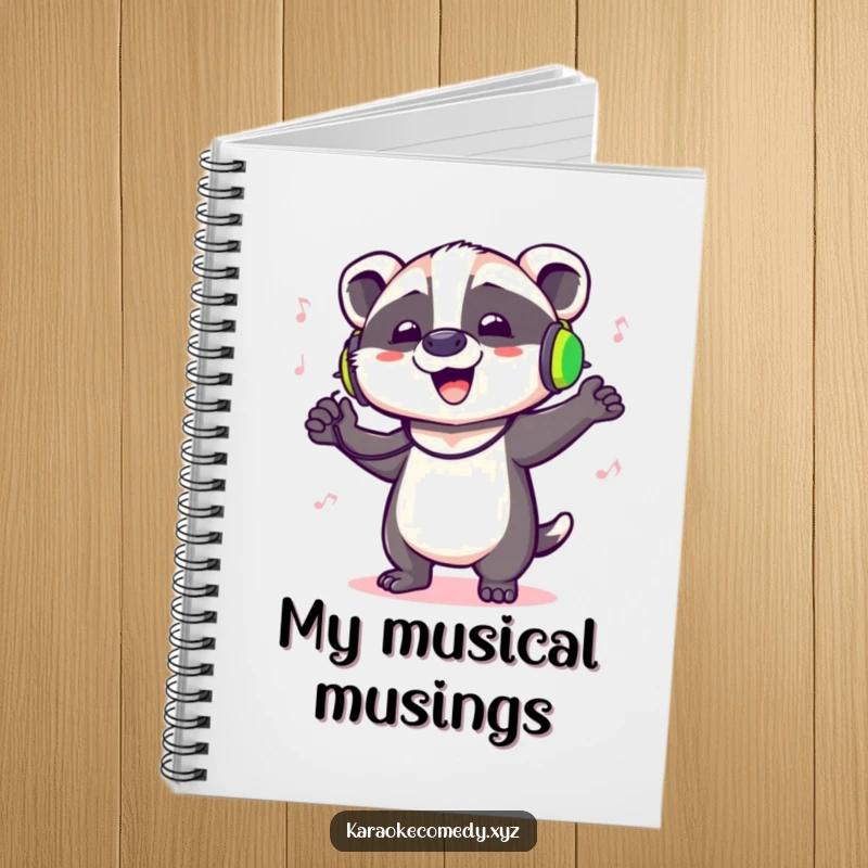 Funny notebook featuring a badger with headphones, dancing and singing, inspiring creative writing and musical expression.
