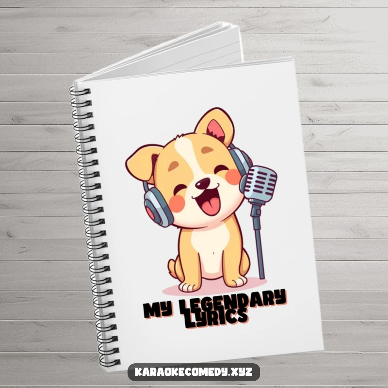 Funny dog wearing headphones, crooning into a microphone, lined notebook for music lovers and writers.