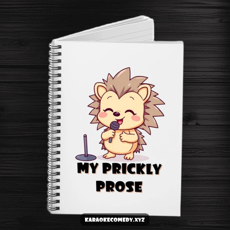 Funny notebook featuring a happy hedgehog at a microphone stand, raising a paw in song, inspiring writing.