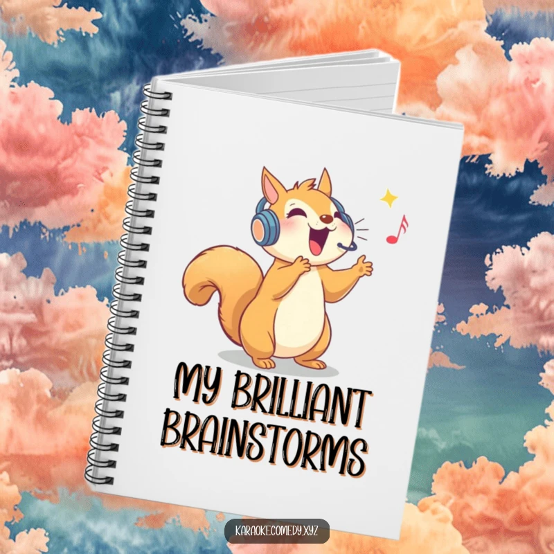 Funny notebook featuring an ecstatic squirrel in a sparkly headset, hitting a high note, inspiring creative writing.