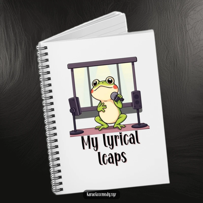 Funny notebook with a frog singing into a microphone, encouraging creative writing and musical expression.