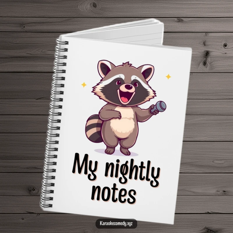 Funny notebook featuring an excited raccoon holding a microphone, inspiring creative writing and musical expression.