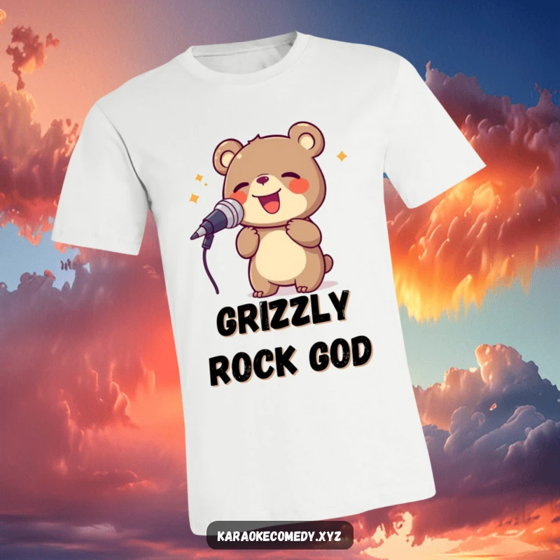 Funny bear joyfully singing into a large microphone, a boisterous performer t-shirt.