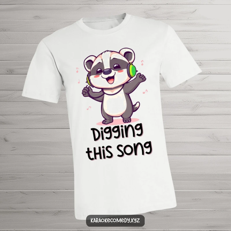 Funny t-shirt with a badger enthusiastically dancing and singing while wearing headphones, full of energy.
