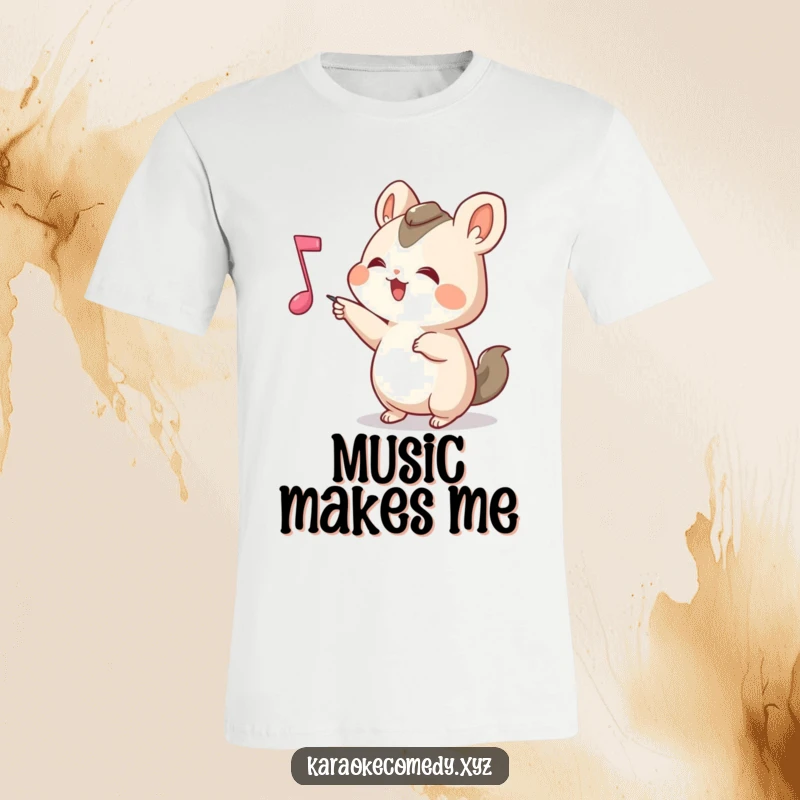 Funny T-Shirt with a small animal joyfully pointing at a bouncing musical note, embodying excitement and a love for rhythm.