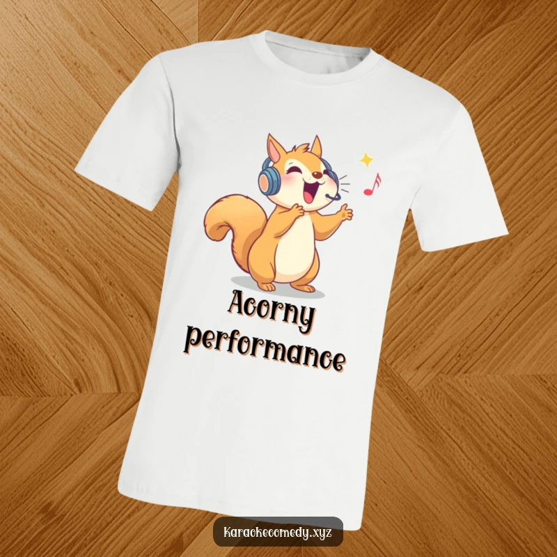 Funny t-shirt with an ecstatic squirrel in a sparkly headset, belting out a high note with intense passion.