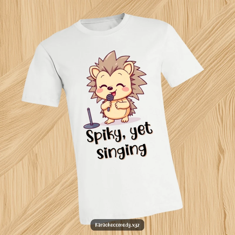 Funny t-shirt with a happy hedgehog at a microphone stand, raising a paw in song with infectious cheer.
