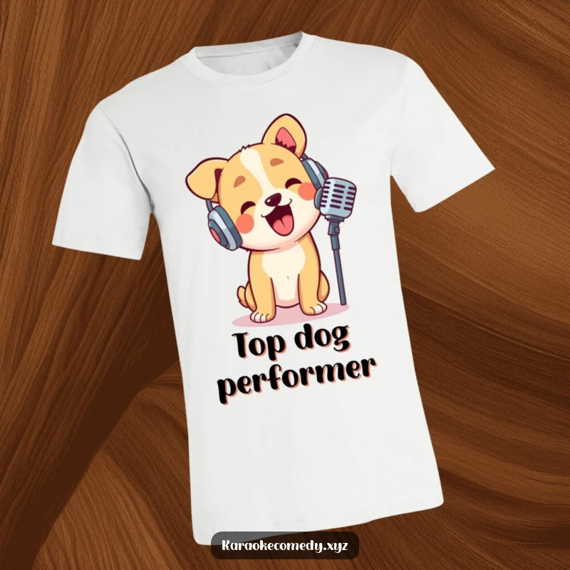 Funny dog wearing headphones, enthusiastically singing into a microphone, a stylish and humorous t-shirt.