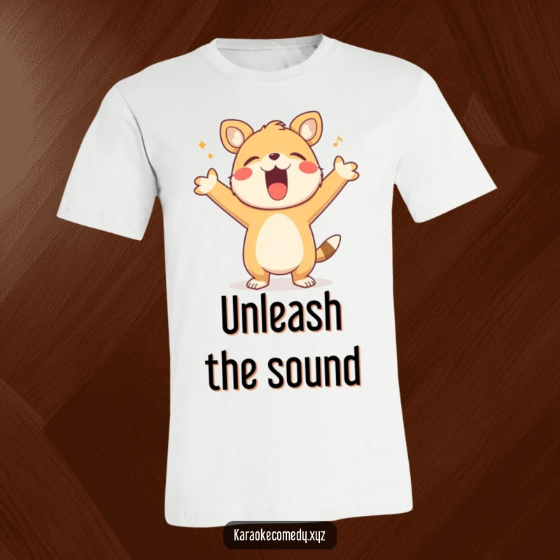 Funny T-Shirt with a happy animal singing loudly, arms outstretched, embodying freedom and the sheer joy of music performance.