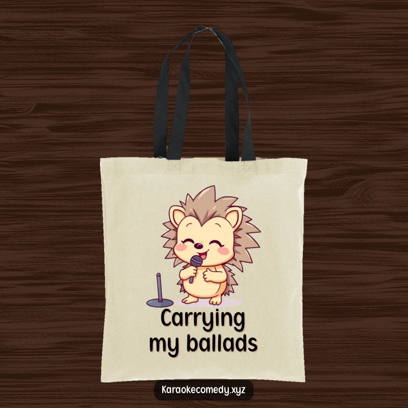 Funny tote bag with a happy hedgehog at a microphone stand, raising a paw in song with pure delight.