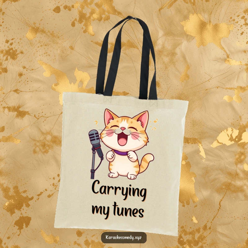Funny cat holding microphone, singing with joyful abandon, stylish tote bag for music and cat lovers.