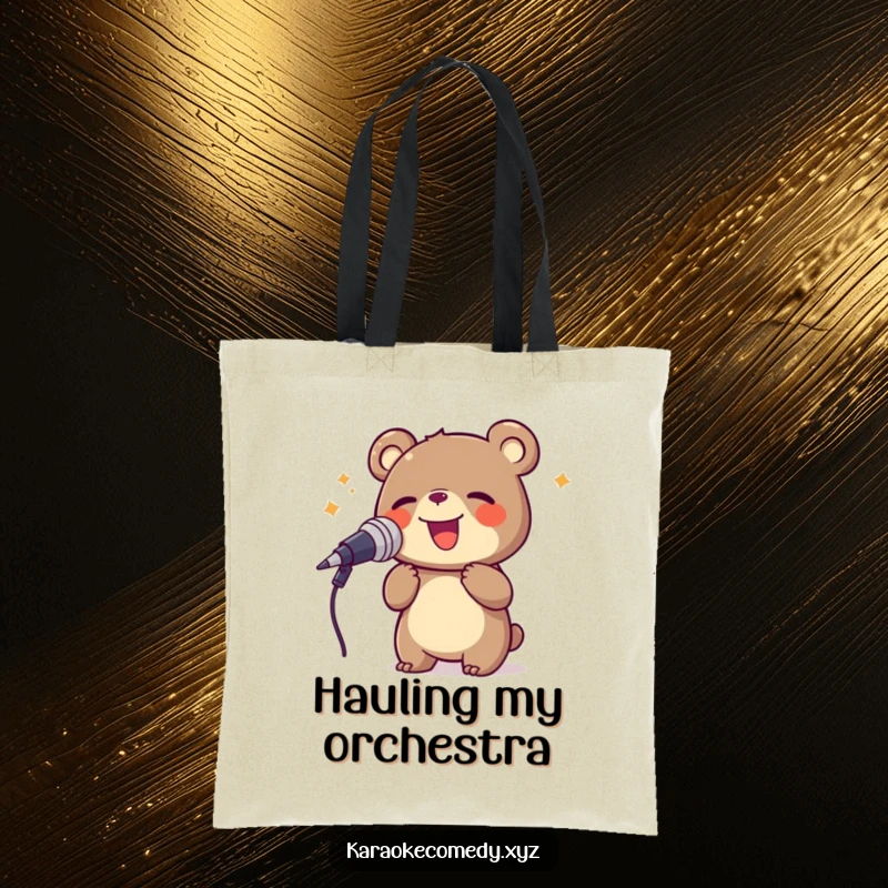 Funny bear singing into a large microphone, a functional and humorous tote bag.