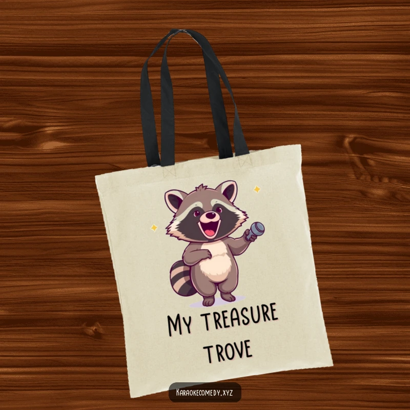 Funny tote bag with an excited raccoon holding a microphone and dancing with pure, infectious glee.